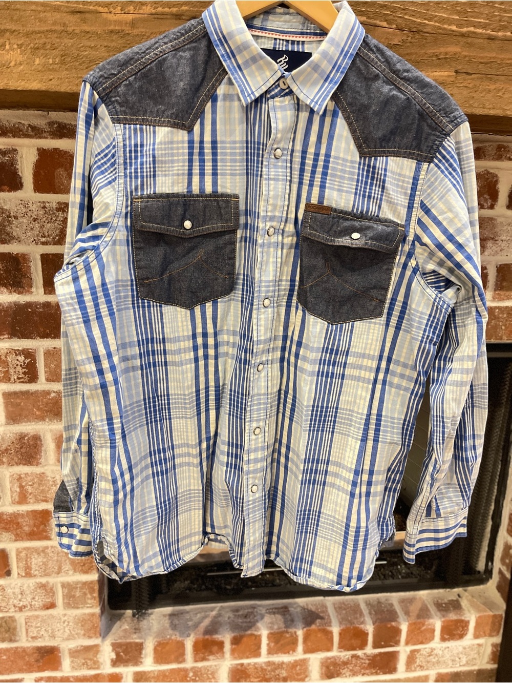 Vintage RocaWear Men's Blue and White Plaid Western size XL